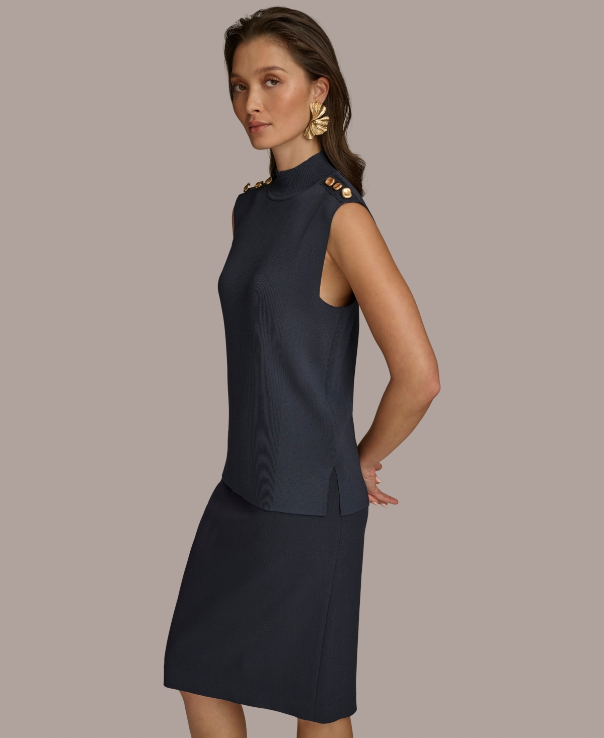 Donna Karan New York Women's Sleeveless Mock Neck Rib Knit Top
