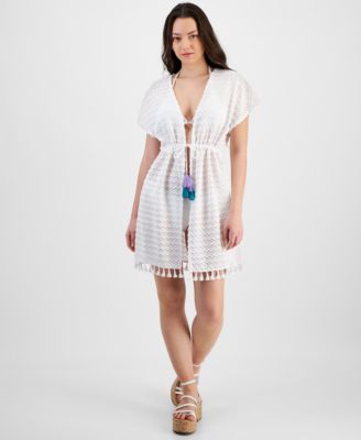 Miken - Juniors' Crochet Tassel-Trimmed Tie-Front Kimono Cover-Up