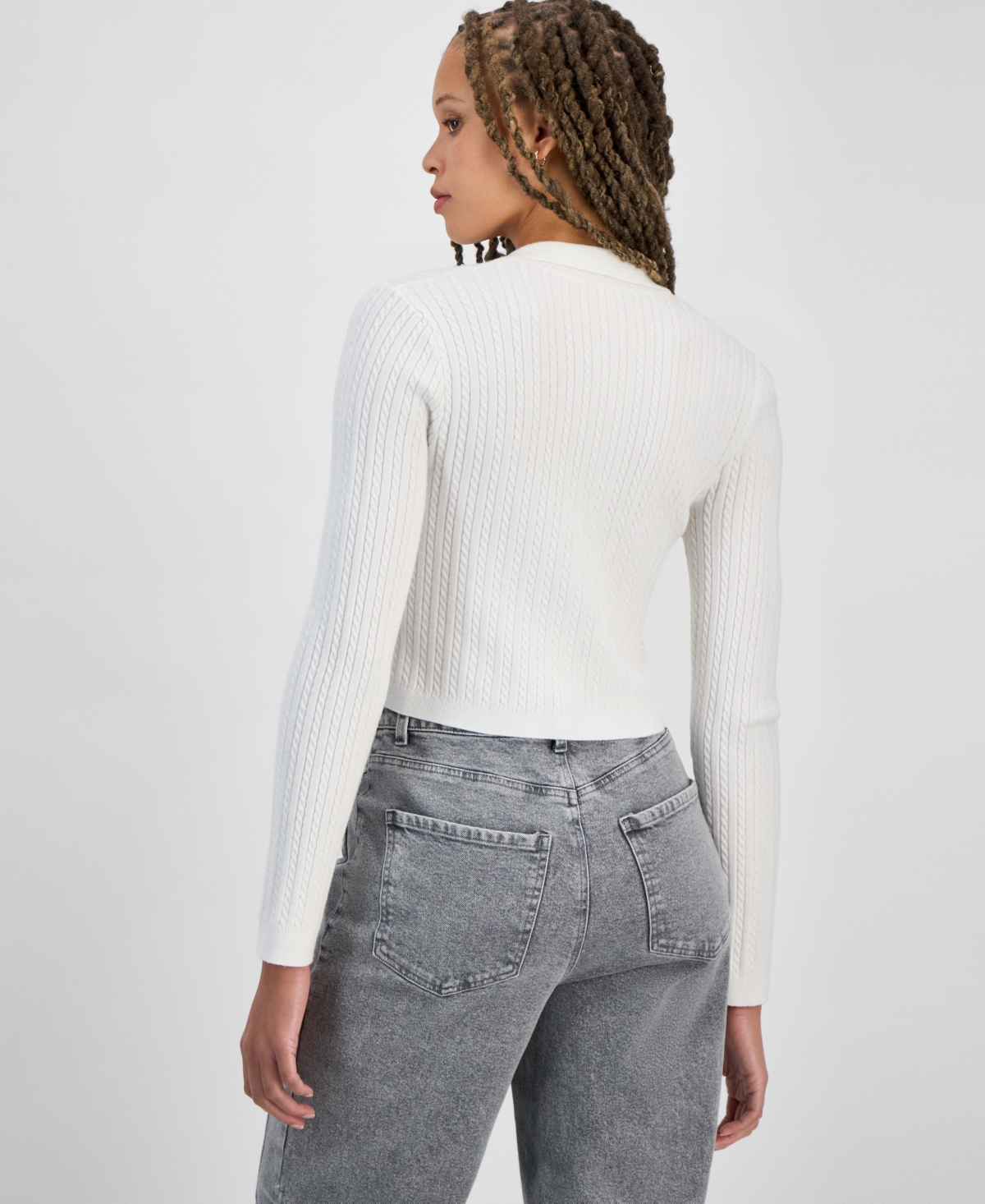 Freshman Juniors' Cable-knit Button-up Sweater In Snow White