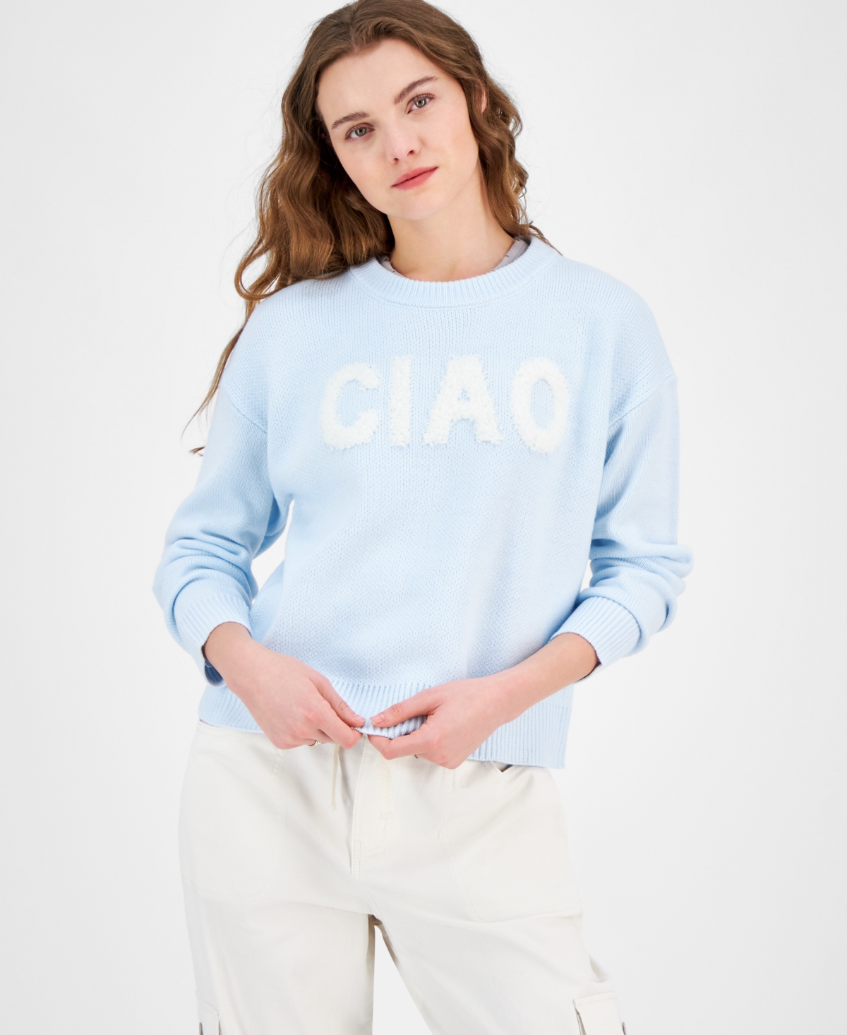 Hooked Up By Iot Juniors' Novelty Verbiage Sweater In Ciao