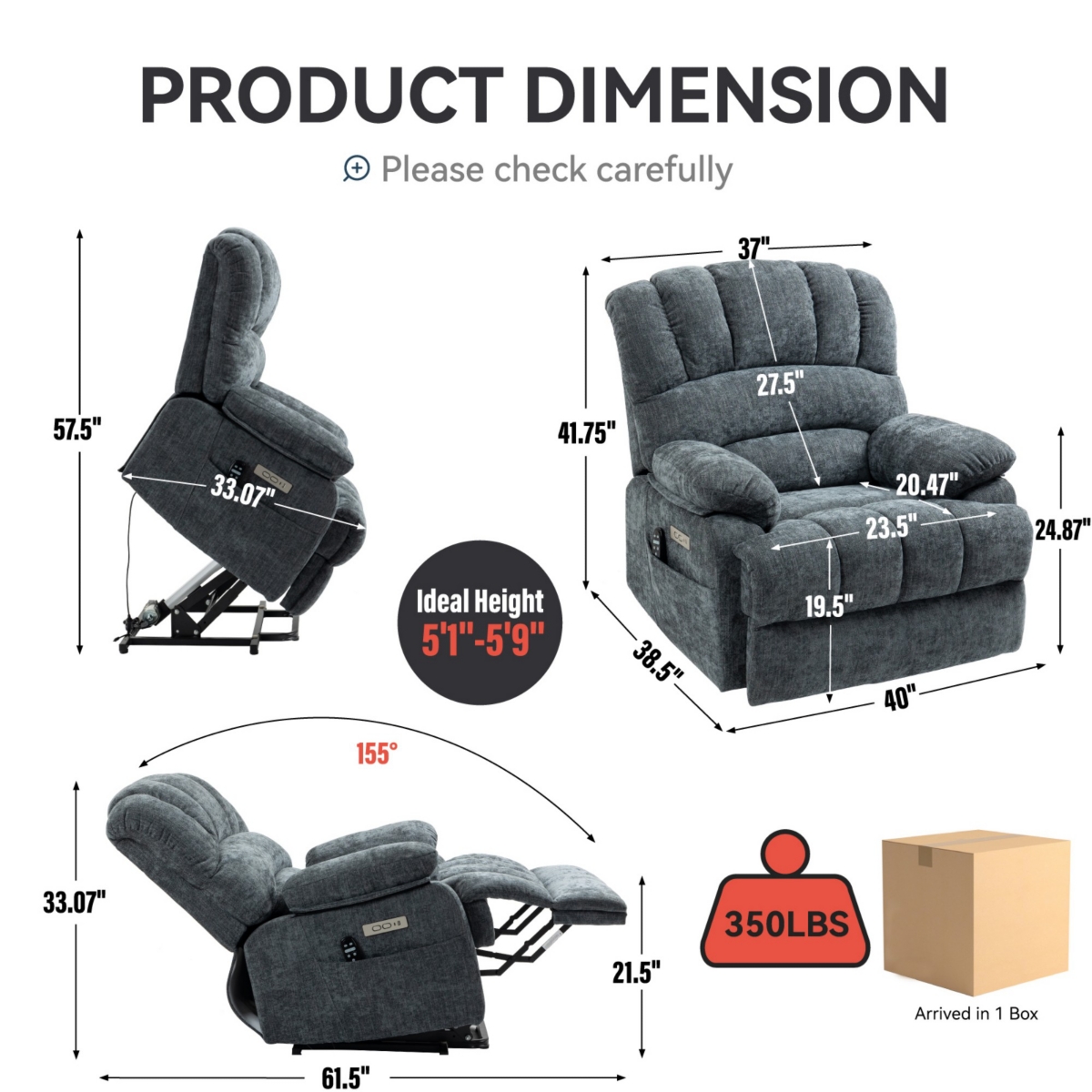 Boyel Living 23" Seat Width and High Back Large Chenille Power Lift Recliner Chair with 8-Point Vibration Massage Lumbar Heating