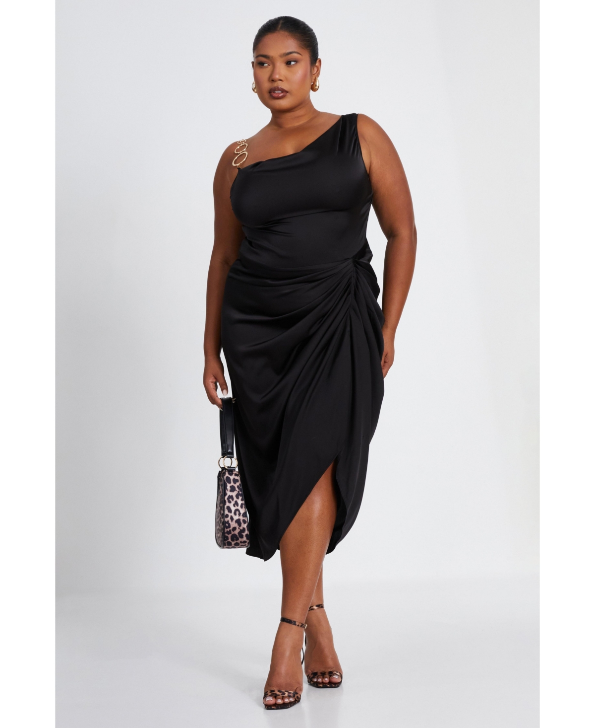 Plus Size Asymmetric Cowl Midi Dress - Black