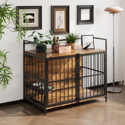 Furniture Style Dog Crate Large Dogs Indoor Heavy Duty Dog Kennels with 2 Stainless Steel Bowls
