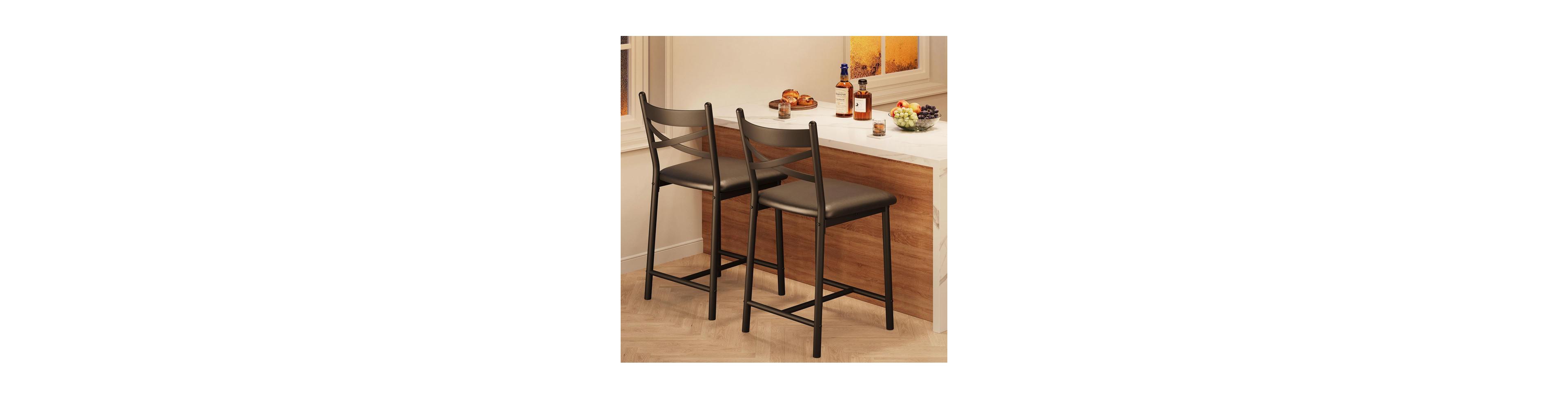Bar Stools, Bar Chairs Set of 2, Modern Counter Bar Stools with Back & Footrest, Upholstered Island Chairs, Metal Frame Counter Height Barstool for Di