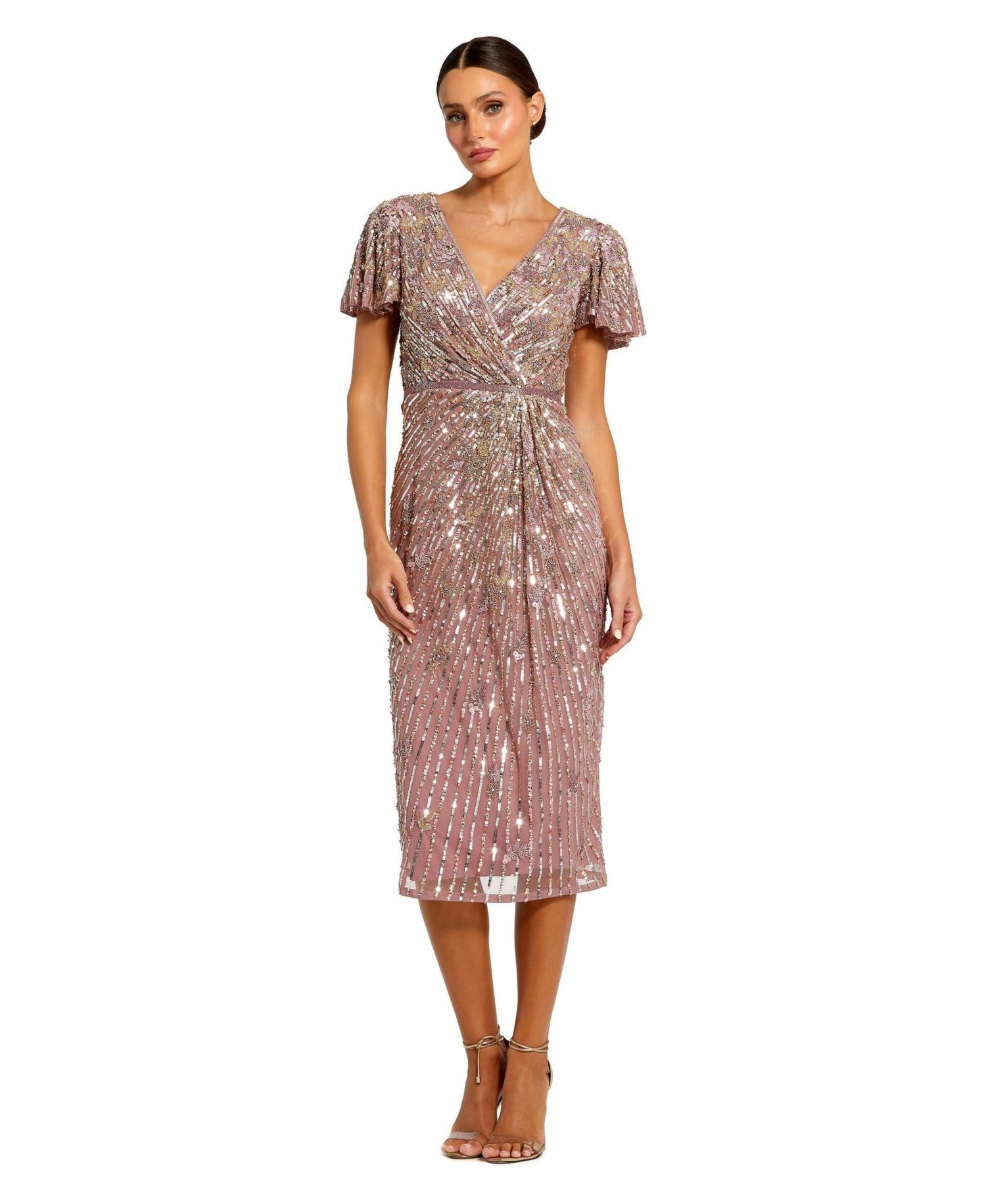 Women's Embellished Faux Wrap Flutter Sleeve Dress