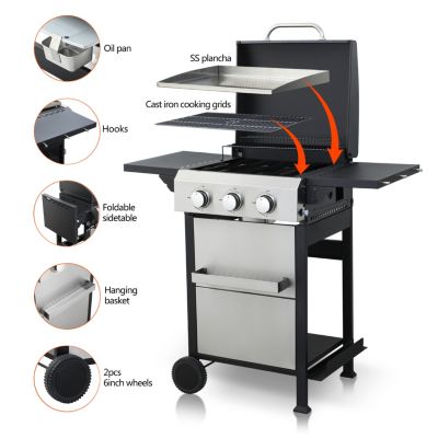 Streamdale 3-Burner Propane BBQ Grill with SS Plancha & 36900BTU