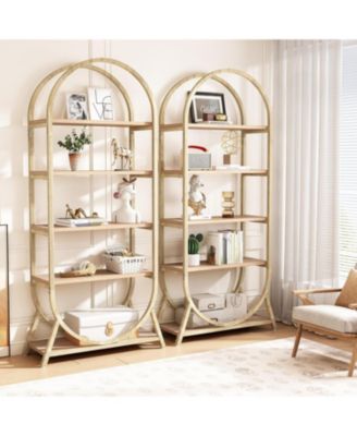 5-Tier Open Bookshelf, 70.8" Tall Arched Bookcase, Modern Brown Metal Frame Storage Bookshelves, Freestanding Display Rack Shelving Unit for Office, Bedroom, Living Room (2PCS)