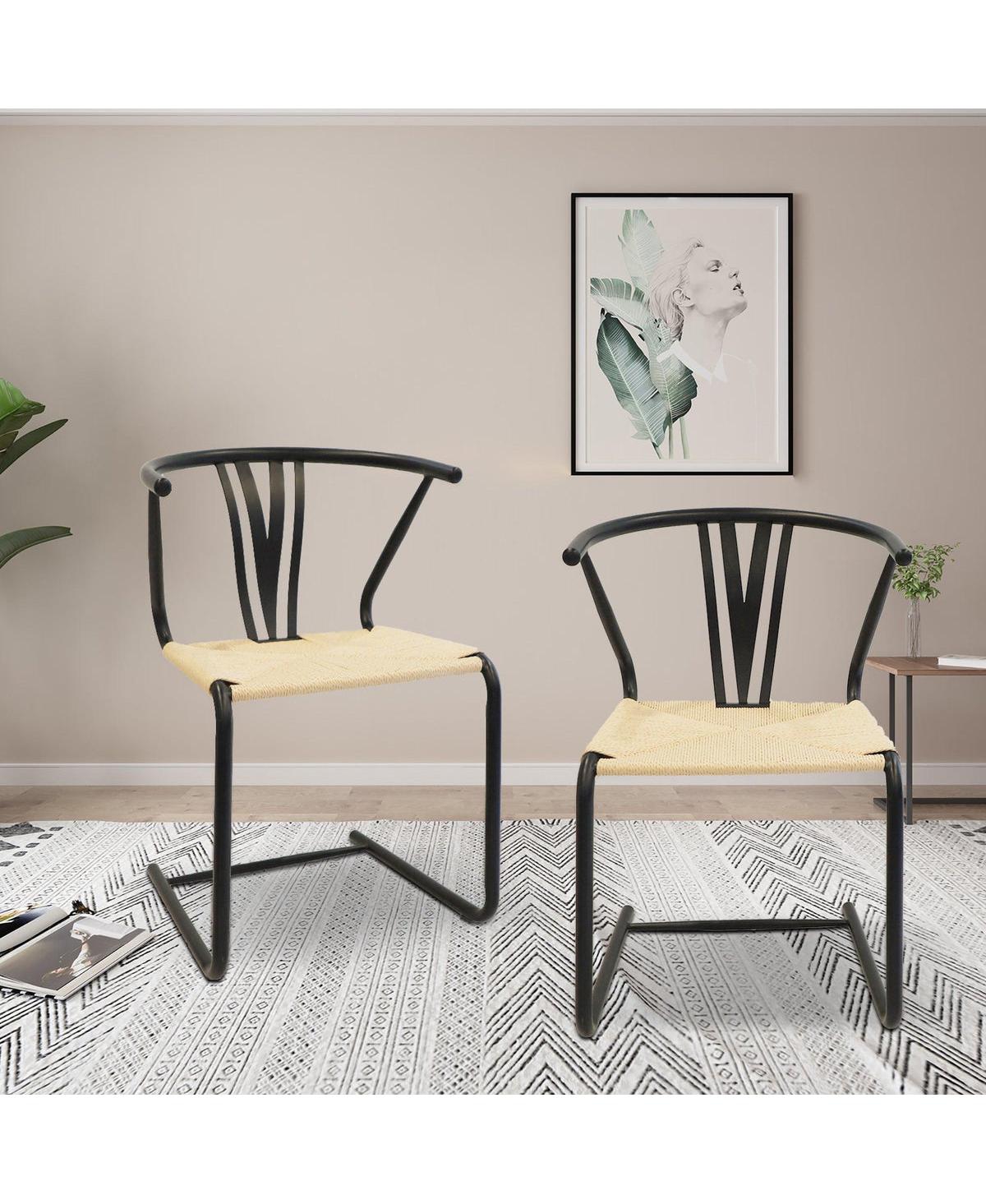 Slickblue 2-Pack Wishbone Chairs Hand-Woven Paper Rattan for Trendy Dining Spaces - Beige