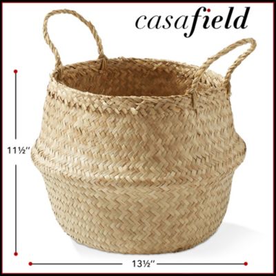 Seagrass Belly Basket with Handles - Large, Natural Woven Storage Bin Planter for Home Decor, Indoor Plant Pot Cover