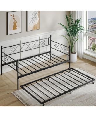 Twin Daybed with Pull-Out Trundle, Stylish Headboard and Metal Slats