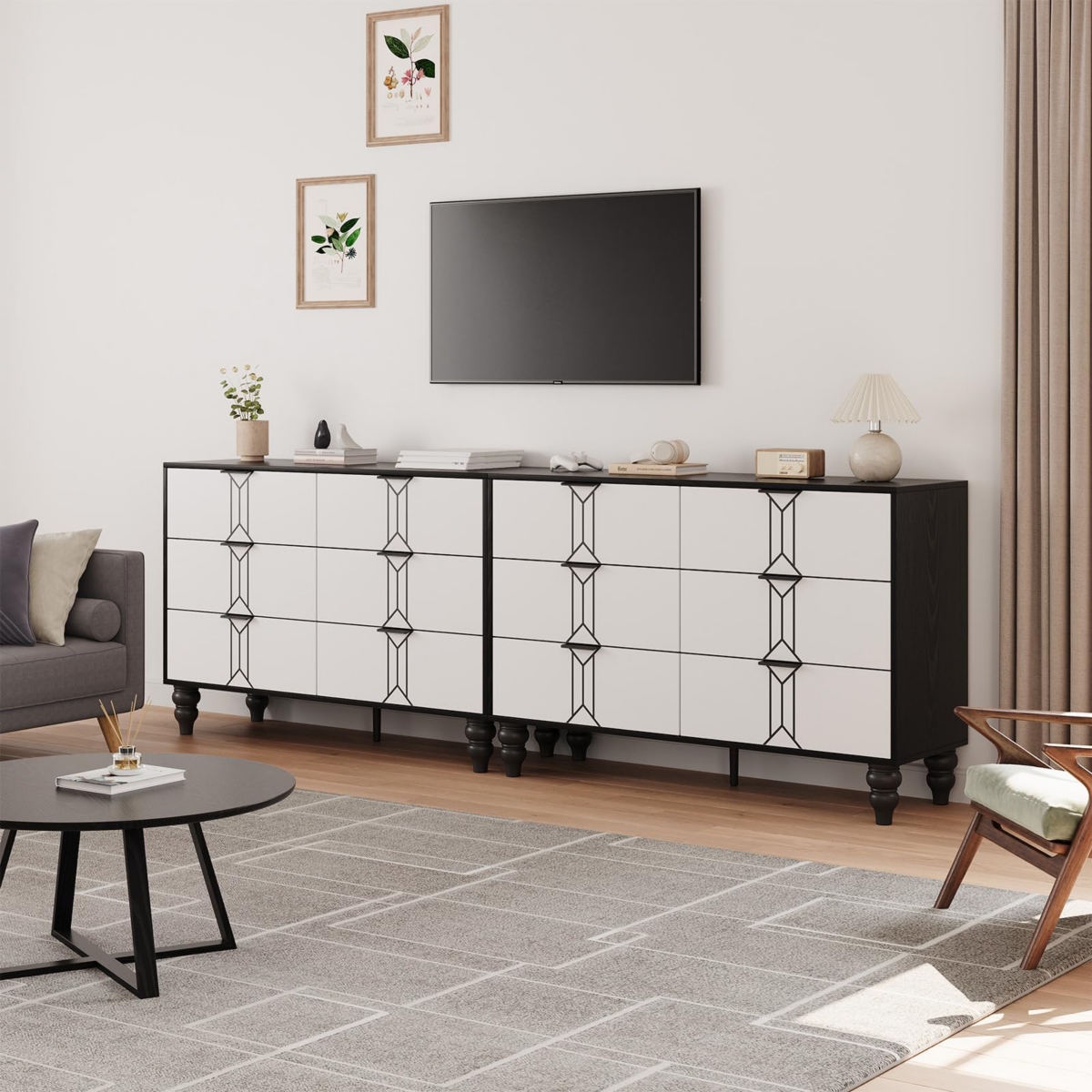 gaomon 6 Drawer Dresser With Deep Drawers For Bedroom, Modern Wooden Chest Dresser With Deep Drawers With Vintage Pattern Design，Black and Whit