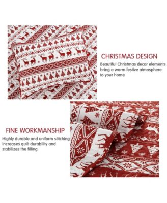 Christmas Quilt Set Queen, 3-Piece Reversible Boho Bedspread with Christmas Tree, Reindeer & Snowflake Pattern, Lightweight All-Season Bedding