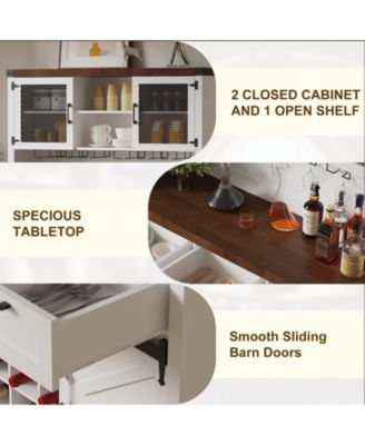 Farmhouse Bar Cabinet with Sliding Barn Door, Tall Kitchen Buffet Hutch Cabinet with Wine & Glasses Rack, Rustic Coffee Bar Sideboard for Living Room, Dining Room