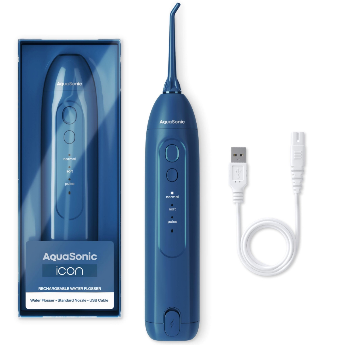 AquaSonic Icon Electric Water Flosser - Rechargeable, Included Jet Tip, Charging Cord, Home & Travel Use (Navy