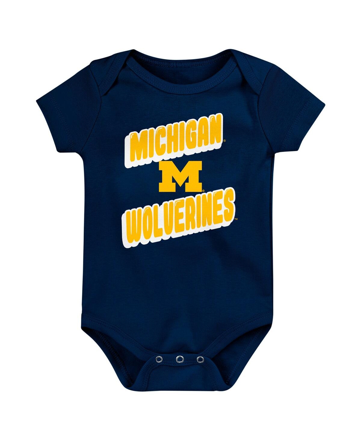 Outerstuff Newborn Navy Michigan Wolverines Sunday Comics 3-pack Bodysuit Set In Navy,yellow,white