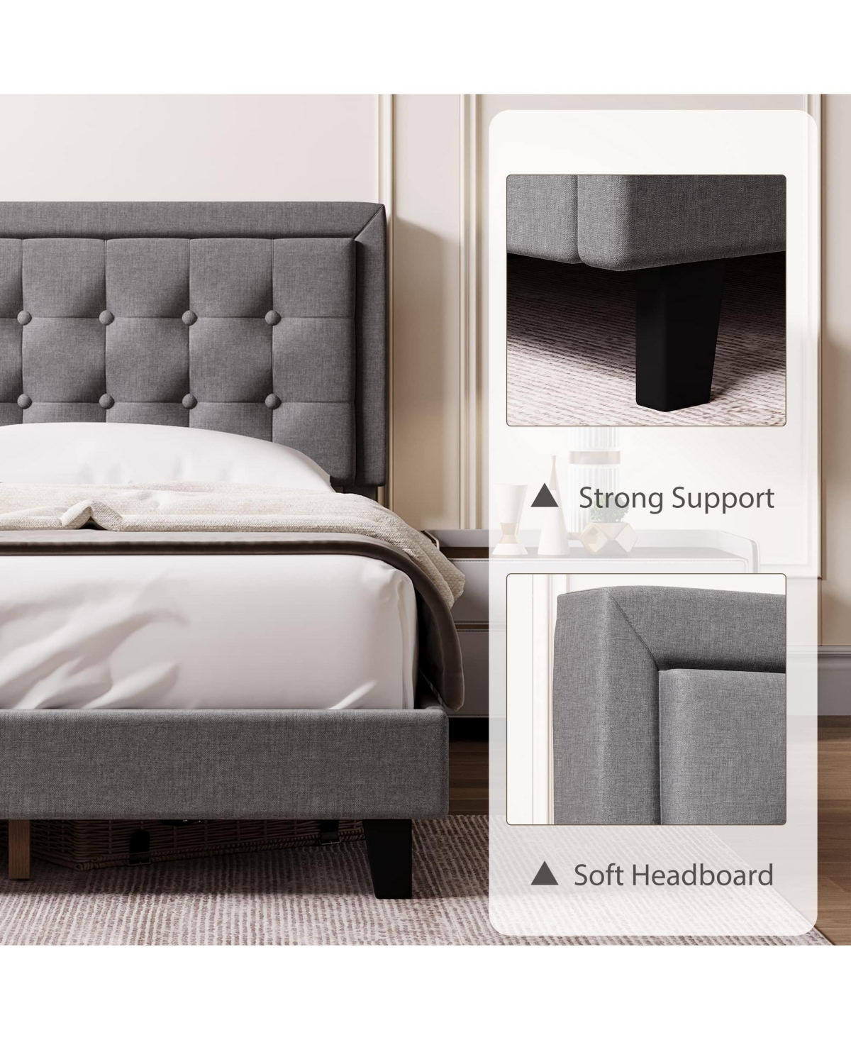 gaomon Full Size Platform Bed with Adjustable Linen Button Tufted Headboard