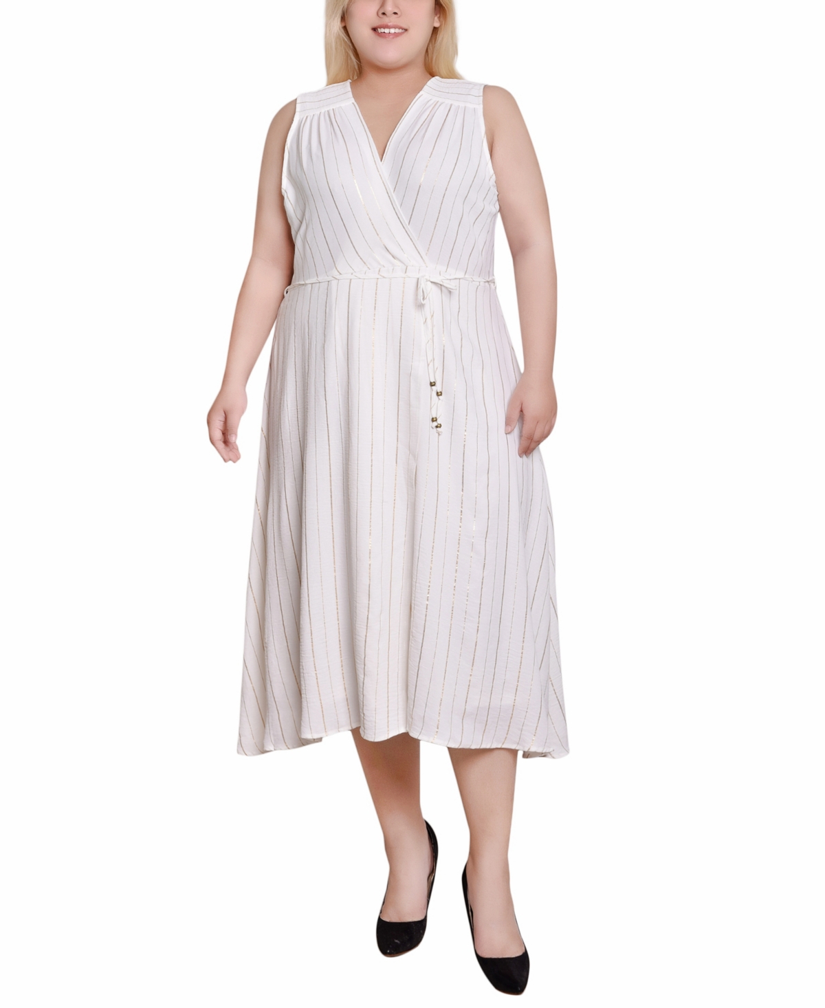 Ny Collection Plus Size Sleeveless Surplice Vertical Stripe Dress In White Gold