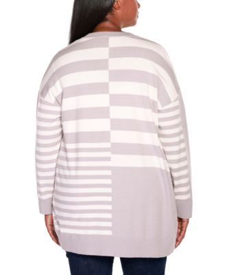 Plus Size Black Label Color Blocked Variegated-Stripe Cardigan Sweater