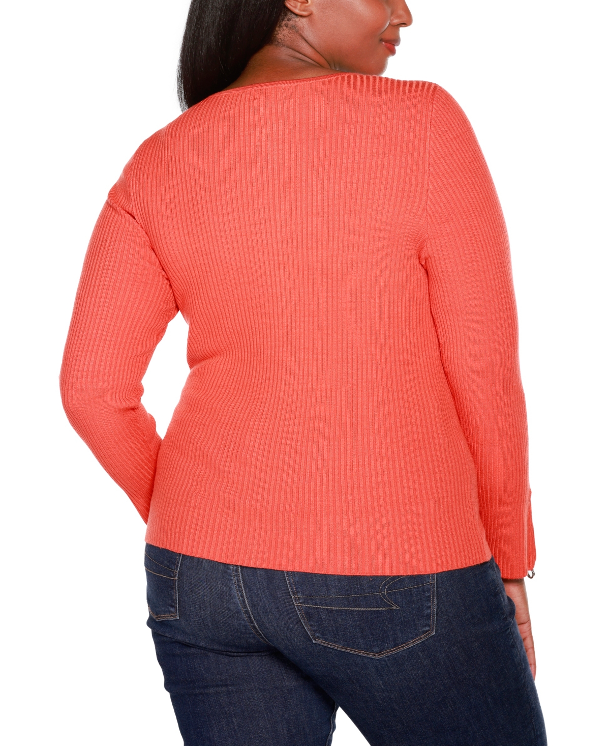 Shop Belldini Plus Size Black Label Ribbed Double-zip Cardigan Sweater In Papaya Punch,silver