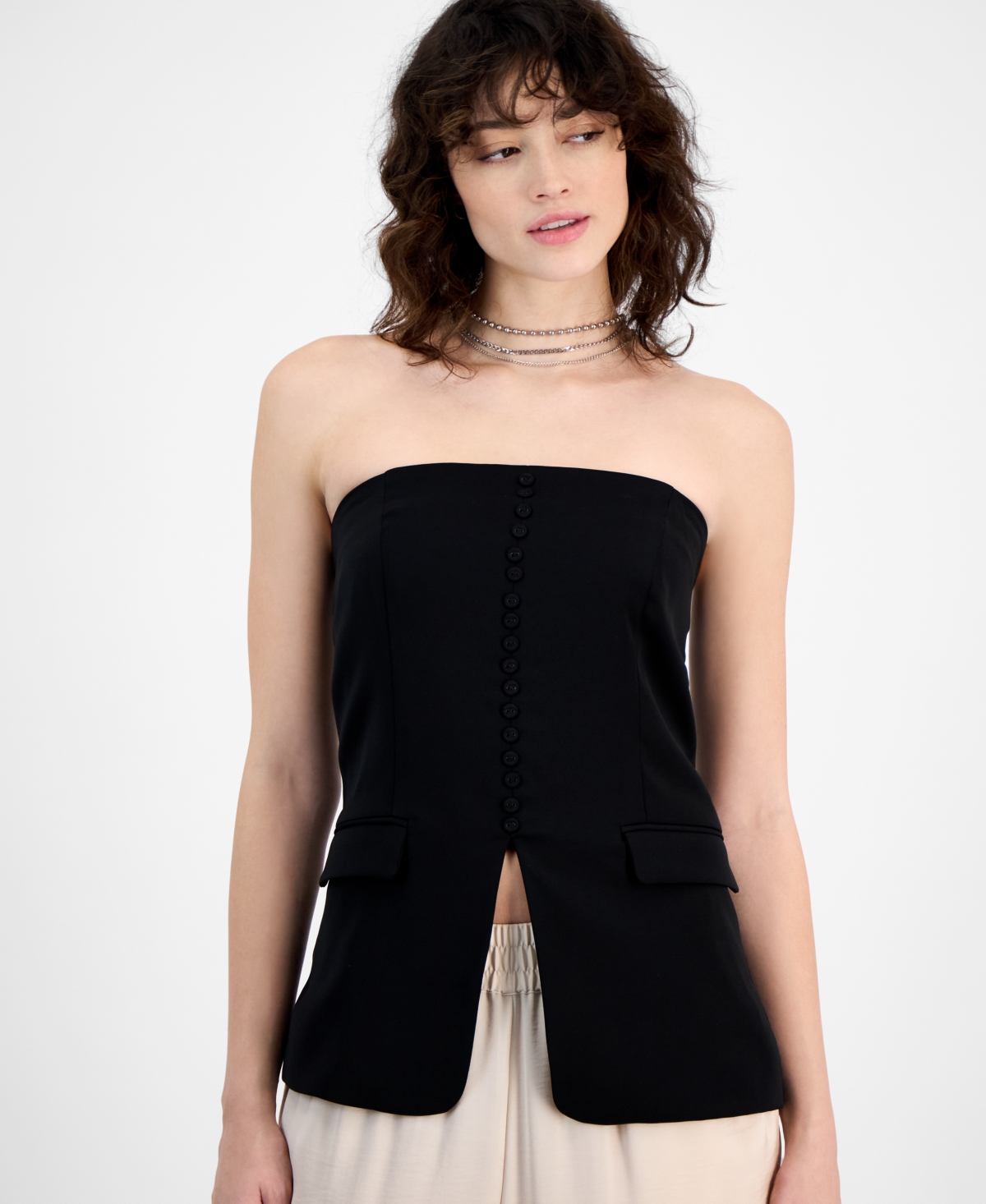 BAR III WOMEN'S STRAPLESS BUTTON-FRONT CORSET VEST TOP, EXCLUSIVELY AT MACY'S 