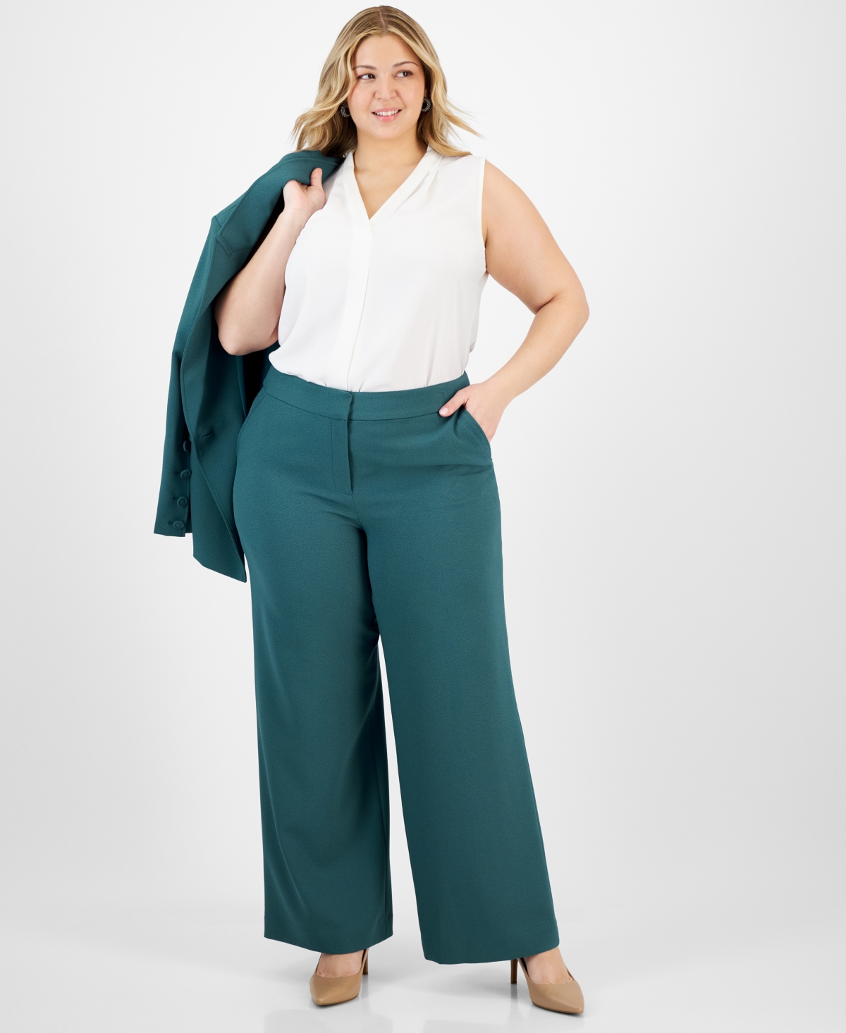 Tahari Asl Plus Size Mid-rise Wide-leg Pants In Eucalyptus