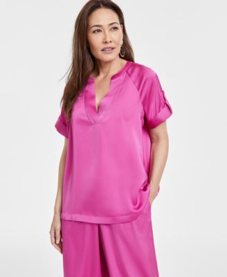 JM Collection - Women's Satin Split-Neck Short-Sleeve Top