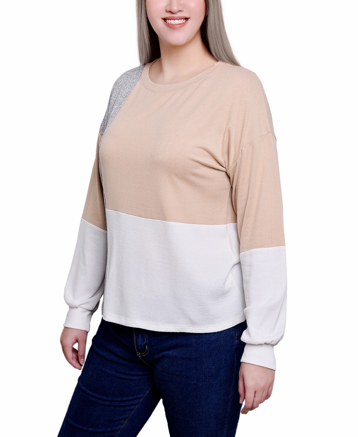 Ny Collection Petite Long Sleeve Colorblocked Boat Neck Top In Tan Ivory Grey