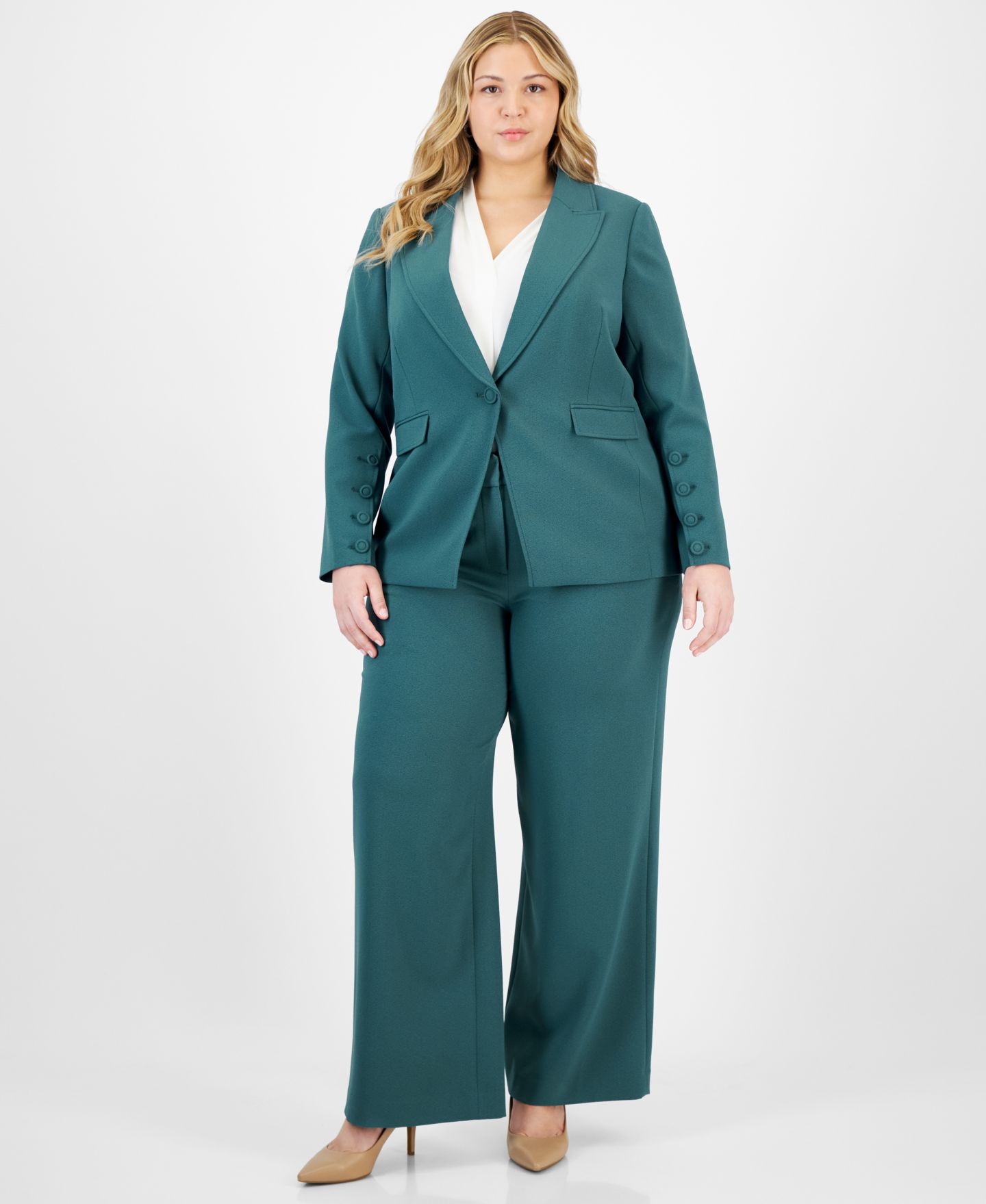 Женские комплекты Tahari ASL Plus Size Long-Sleeve One-Button Blazer, Sailor Tie-Neck Blouse & Mid-Rise Wide-Leg Pants, цвет: Чёрный — фото 1
