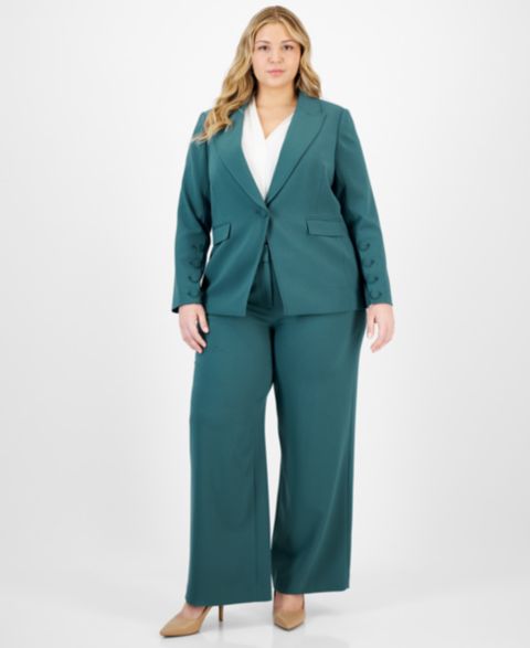 Женские комплекты Tahari ASL Plus Size Long-Sleeve One-Button Blazer, Sailor Tie-Neck Blouse & Mid-Rise Wide-Leg Pants, цвет: Чёрный