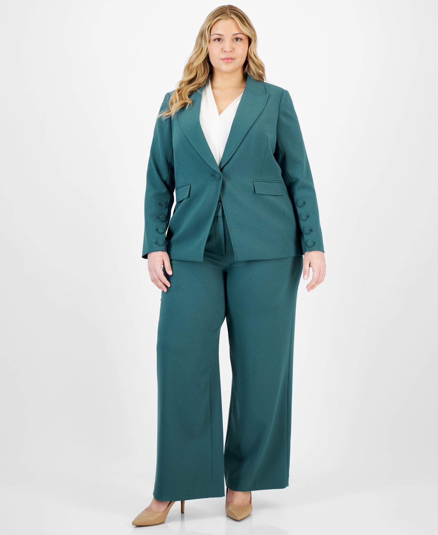 Plus Size Long-Sleeve One-Button Blazer, Sailor Tie-Neck Blouse & Mid-Rise Wide-Leg Pants
