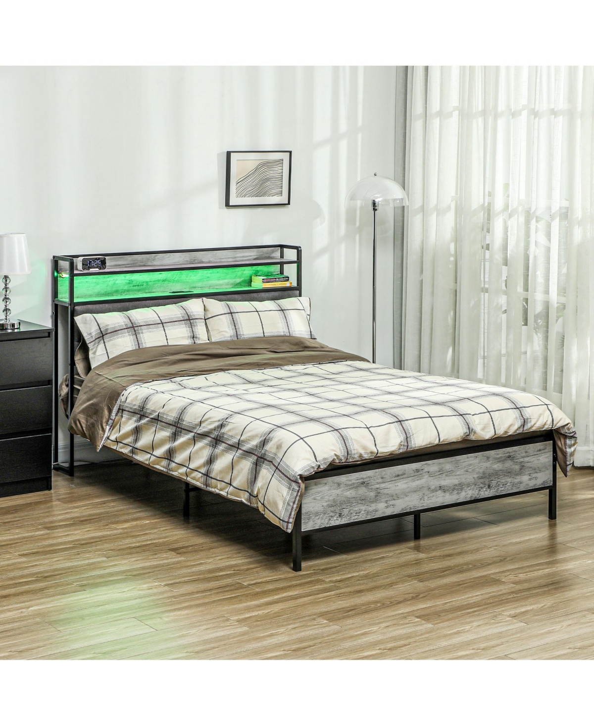Homcom Led Size Bed Frame with Headboard Charging Station, Cement