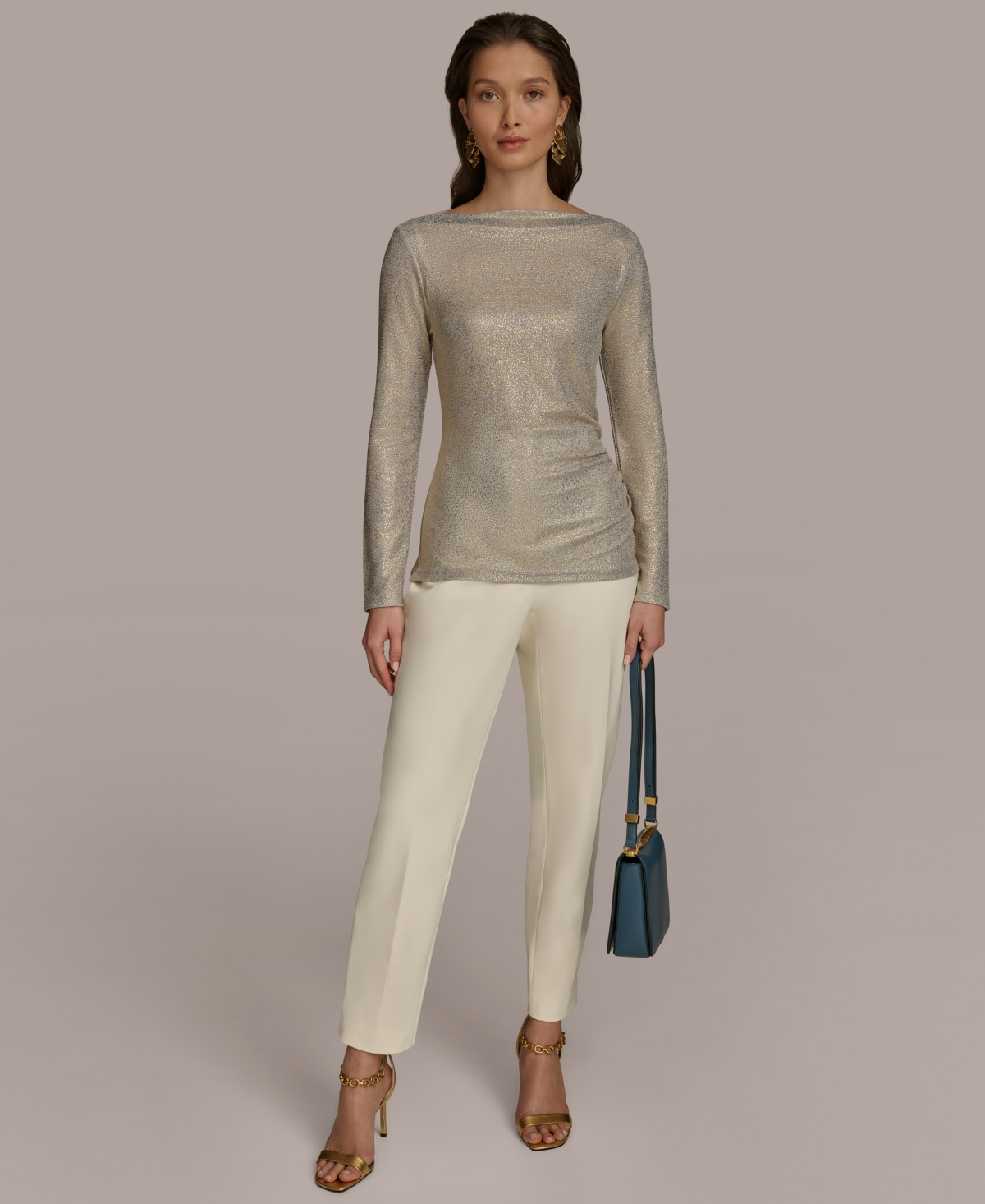 Donna Karan New York Women's Metallic Boat Neck Long-Sleeve Top -gold