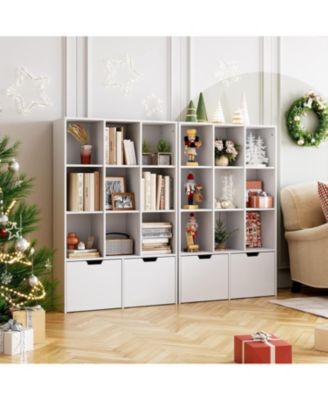 9 Cube Storage Organizer with Drawers, Dark Brown Tall Bookshelf with Storage