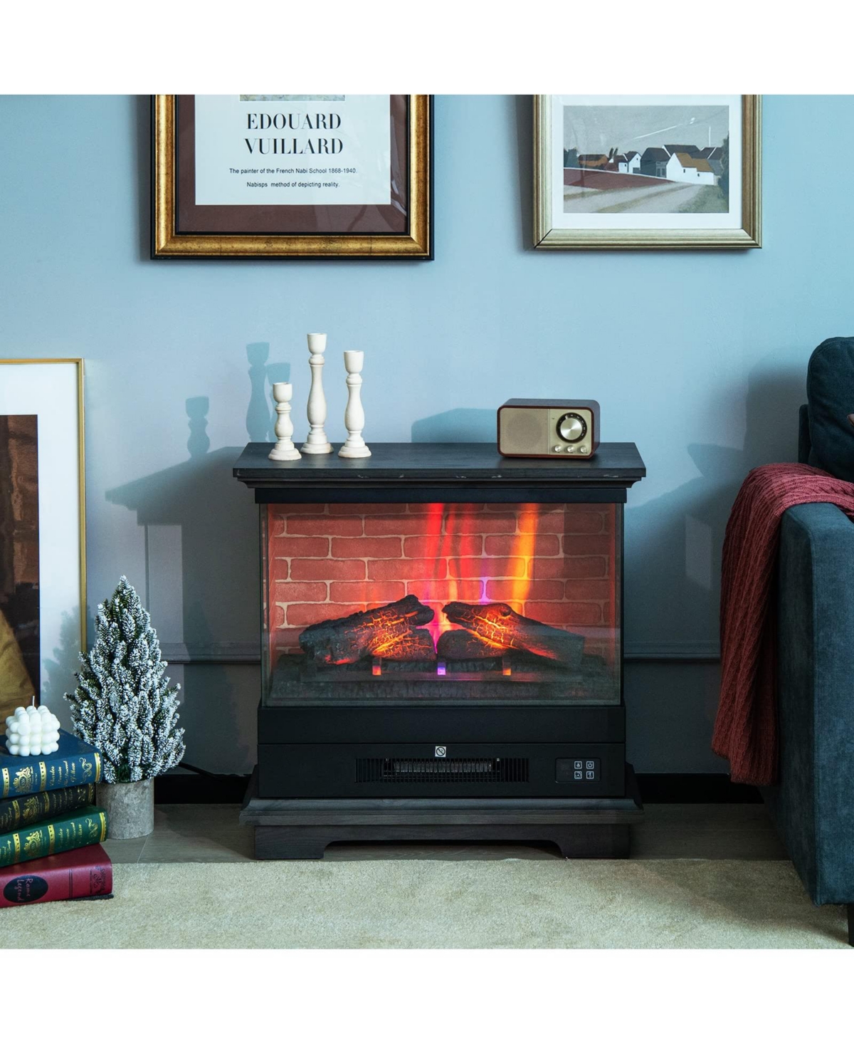 Sugift 27 Inch Freestanding Electric Fireplace with 3-Level Vivid Flame Thermostat- Black
