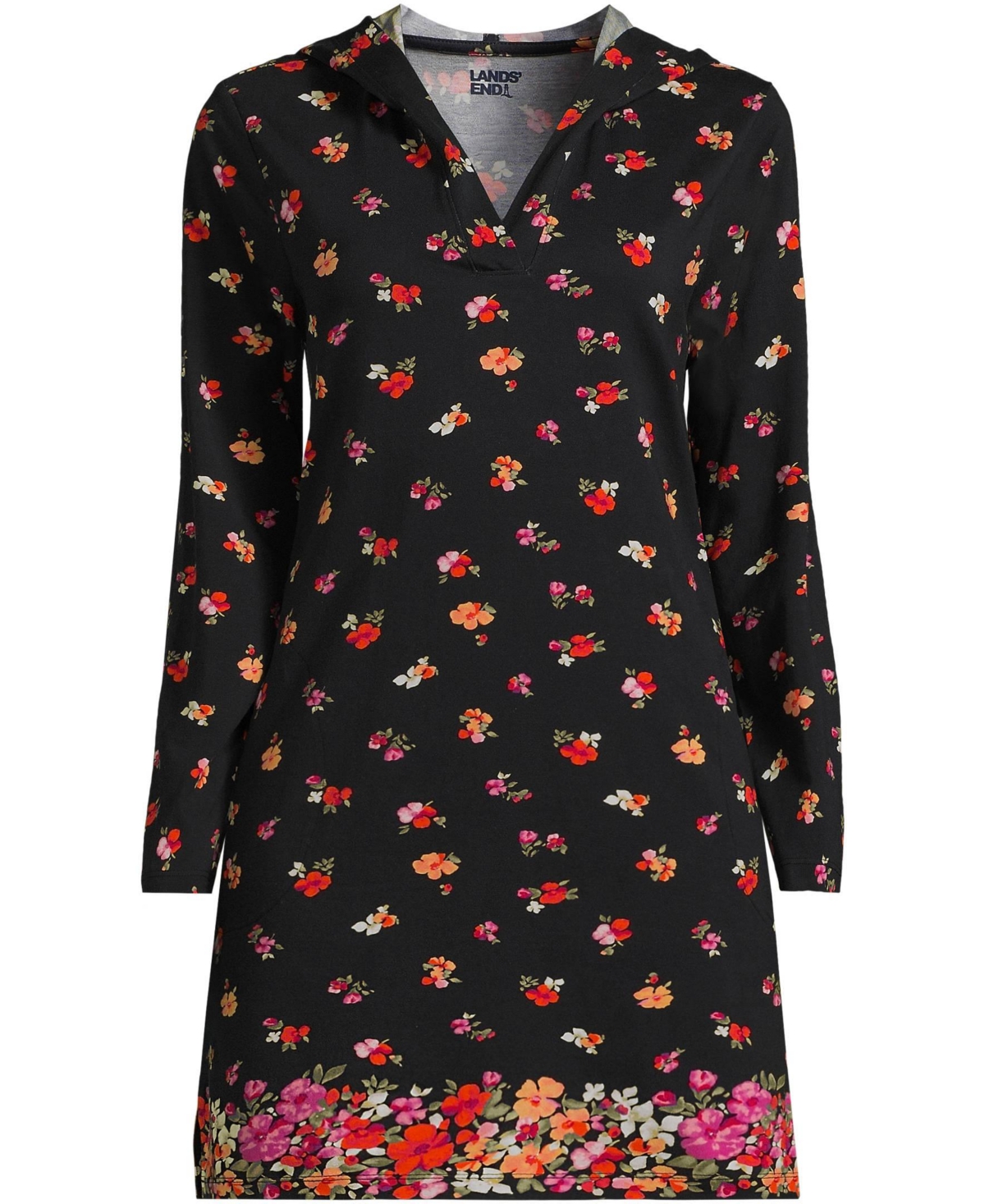Lands' End Women's Cotton Jersey Long Sleeve Hooded Swim Cover-up Dress