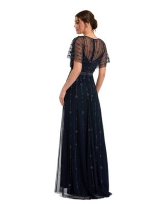 Women's V Neck Embellished Flutter Sleeve A Line Gown