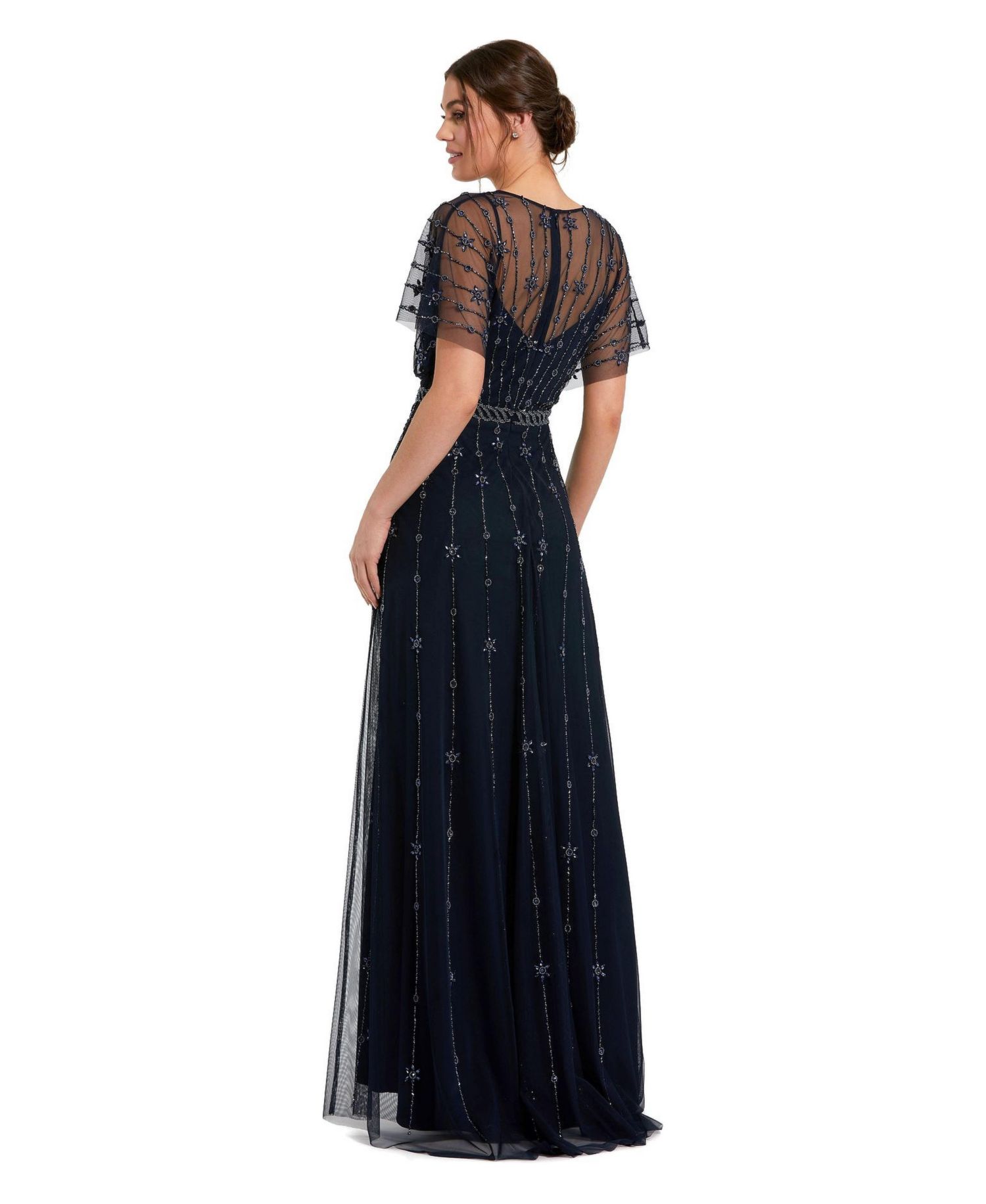 Women's V Neck Embellished Flutter Sleeve A Line Gown