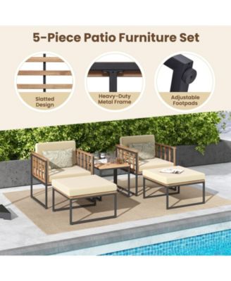 5 Piece Outdoor Furniture Set Acacia Wood Chair Set with Ottomans and Coffee Table