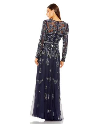 Women's Long Sleeve High Neck Floral Beaded A-line Mesh Gown