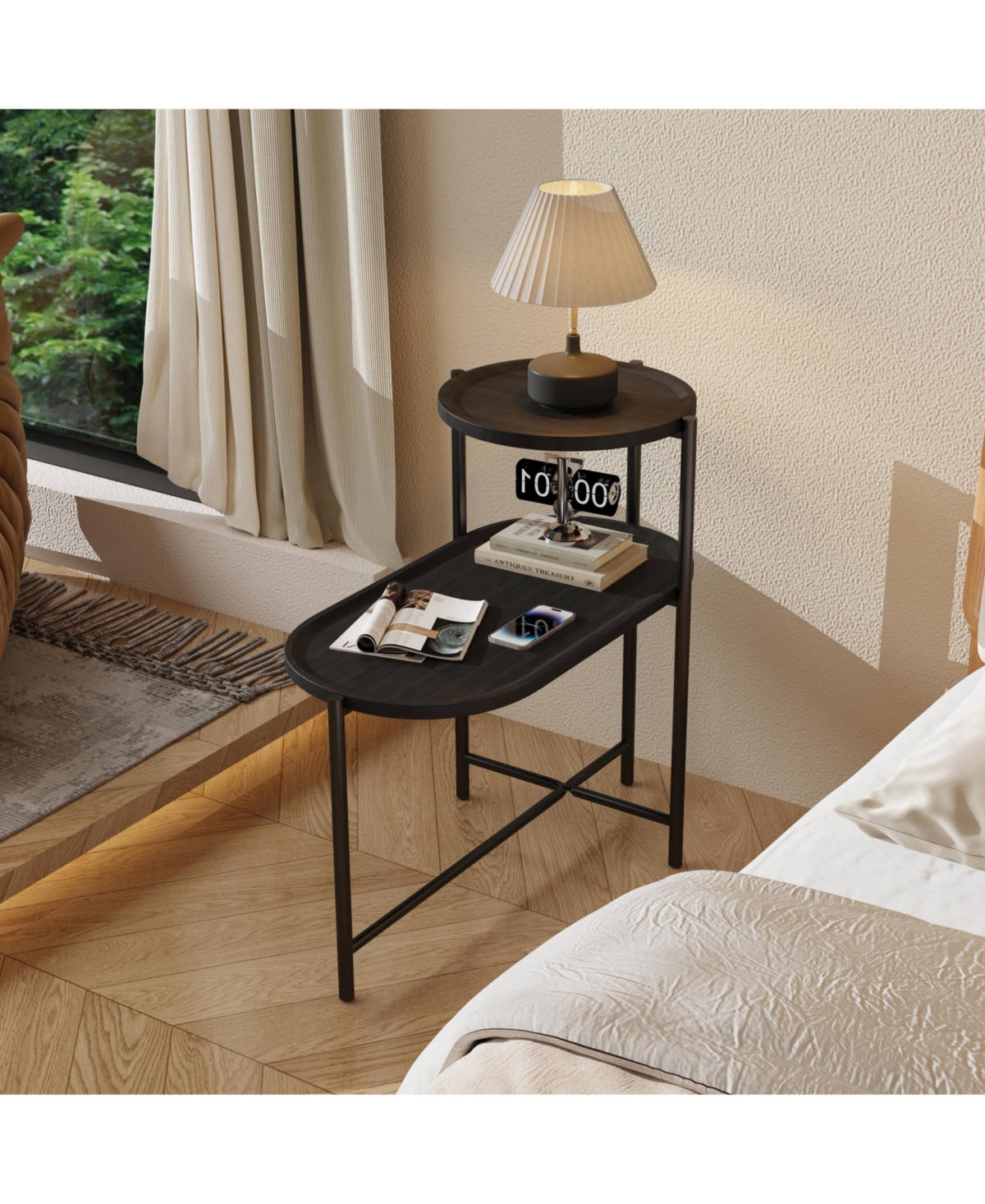 Slickblue Round 2-Tier Coffee Table with Storage Tray Wooden End Table for Living Room