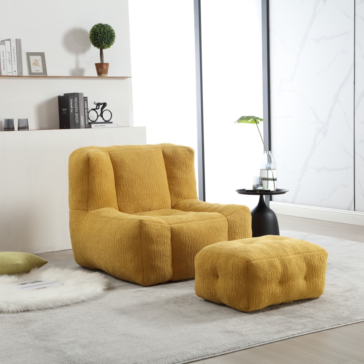The Pop Home Fluffy Bean Bag Chair with Ottoman, Super Soft Lazy Sofa for Living Room-The Pop Home
