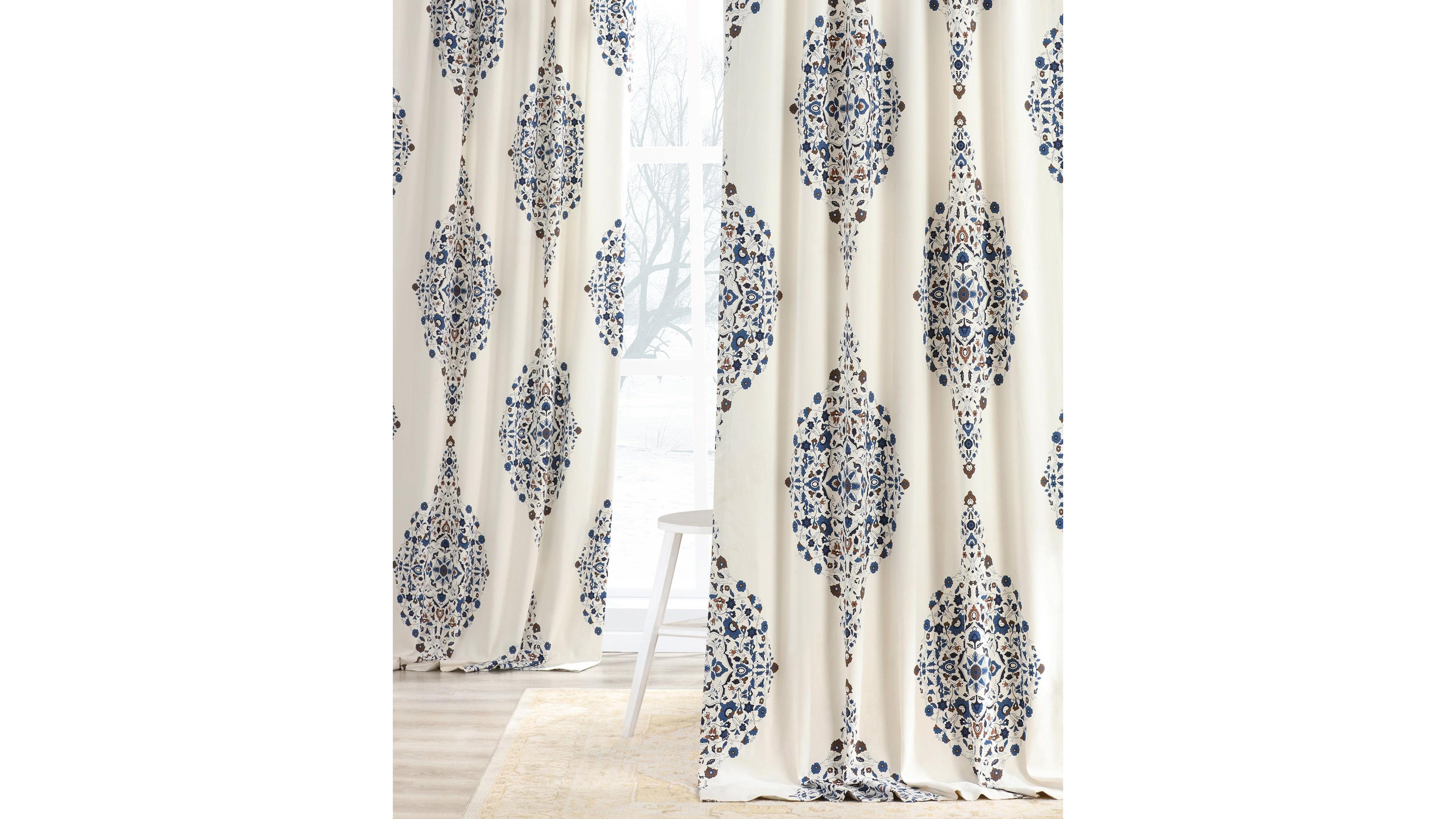 Half Price Drapes Kerala Blue Emblem Printed Cotton Room Darkening Curtain