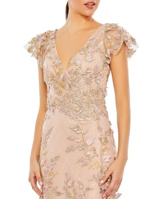 Women's Embroidered Applique Wrap Over Flutter Sleeve Gown