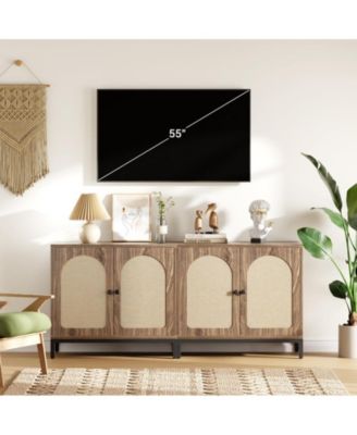 Rattan Sideboard – boho buffet cabinet with adjustable shelf, ideal for kitchen, bar, hallway, or living room storage.