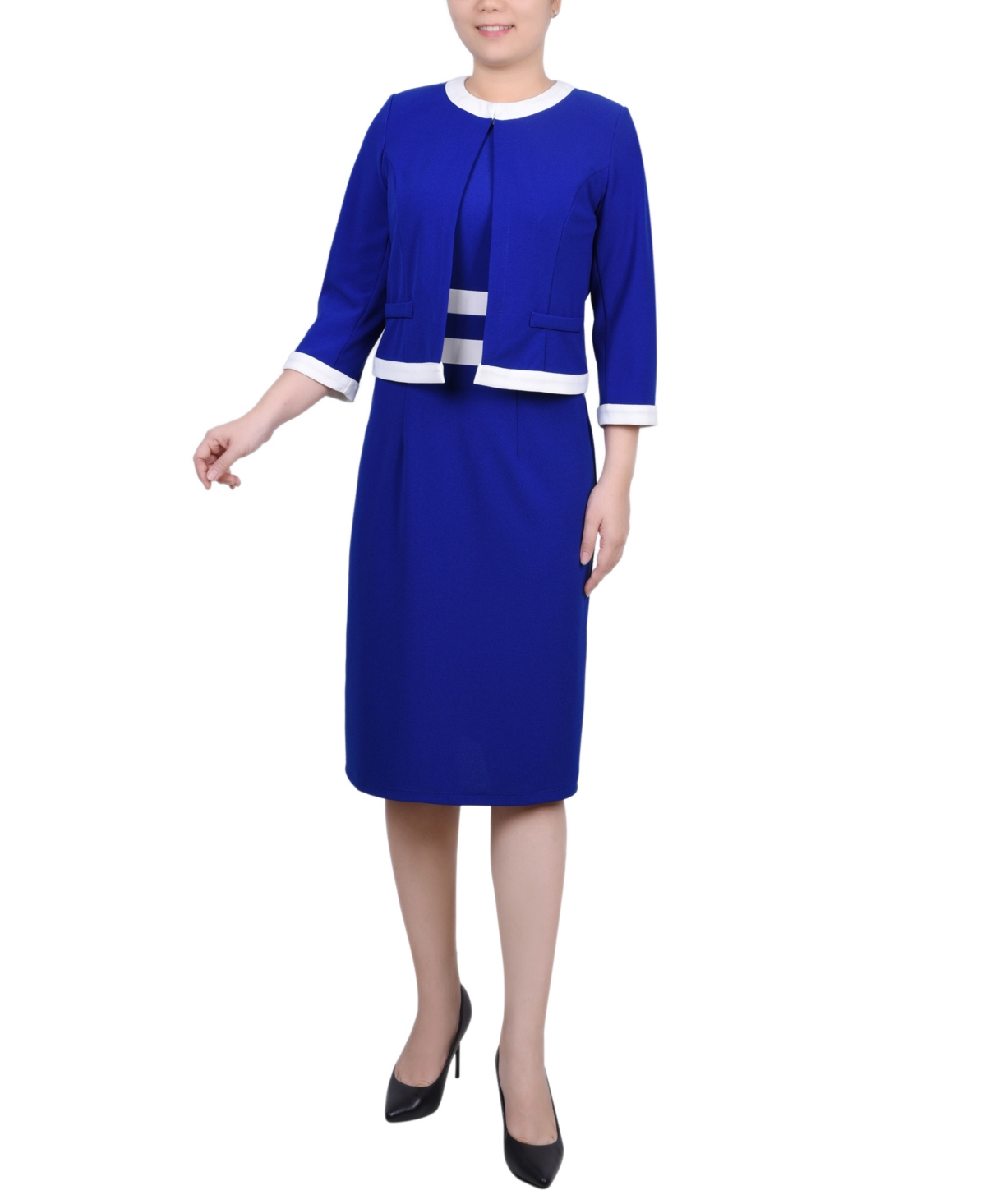 Ny Collection Women's Elbow Sleeve Colorblocked Dress, 2 Piece Set In Sapphire White