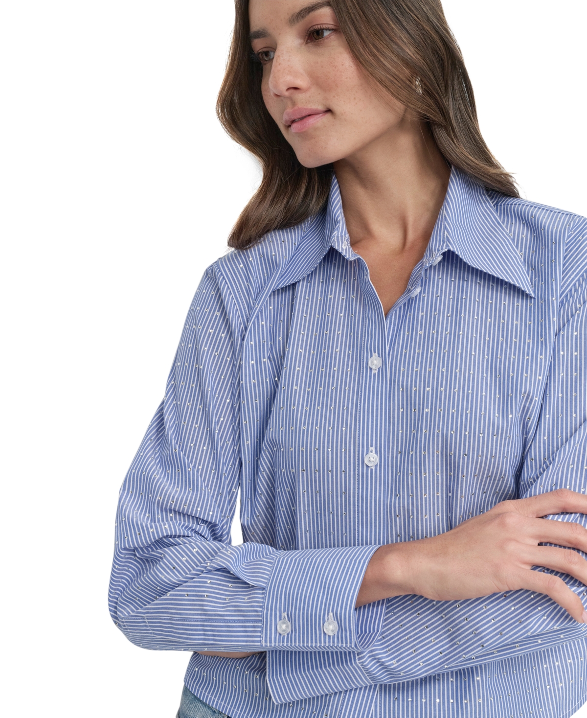 DKNY JEANS PETITE COTTON BUTTON-FRONT STUDDED SHIRT 