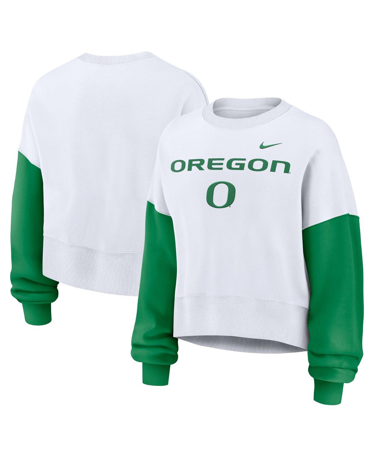 FANATICS NIKE WOMEN'S WHITE OREGON DUCKS COLORBLOCK FLEECE OVERSIZED COPPED PULLOVER SWEATSHIRT 