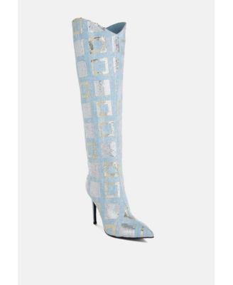 Womens Sharmin Checkered Sequin Knee High Boots