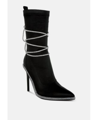 Womens Dacia Rhinestones Strap Satin Calf Boots