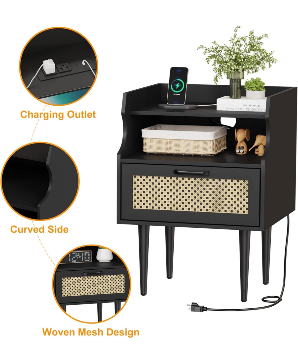gaomon Rattan Nightstand Set of 2, Modern Side Table with Charging Station